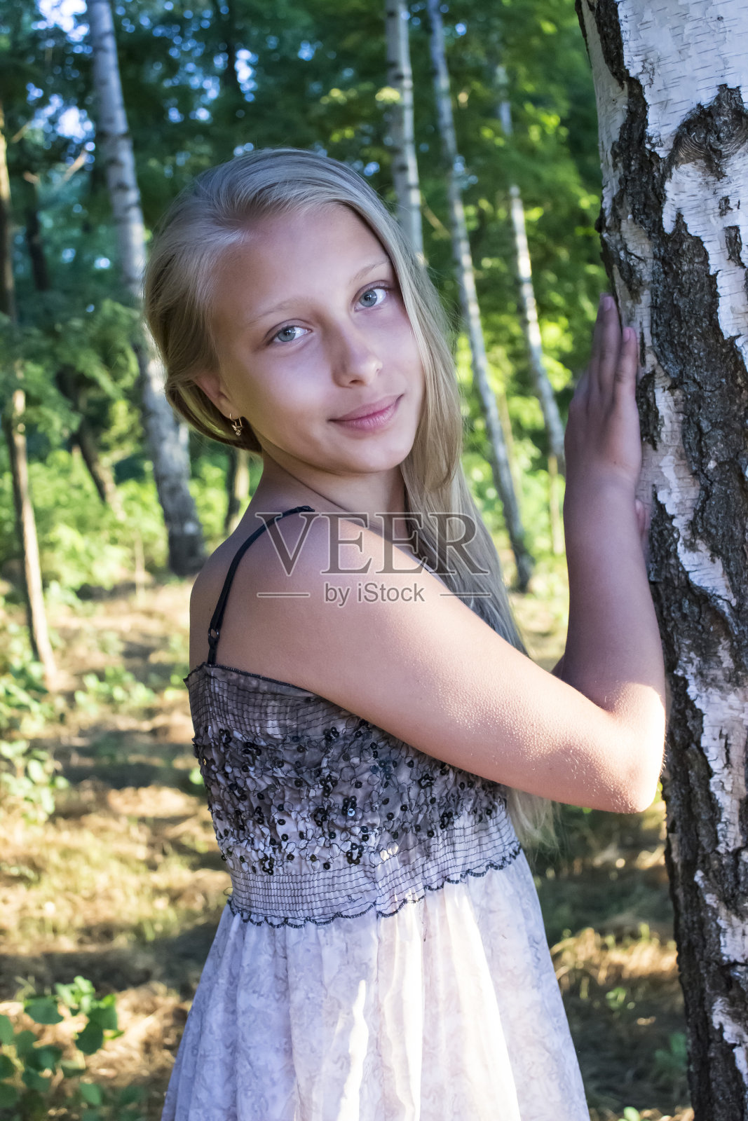 照片肖像的十几岁的女孩在桦树林照片摄影图片