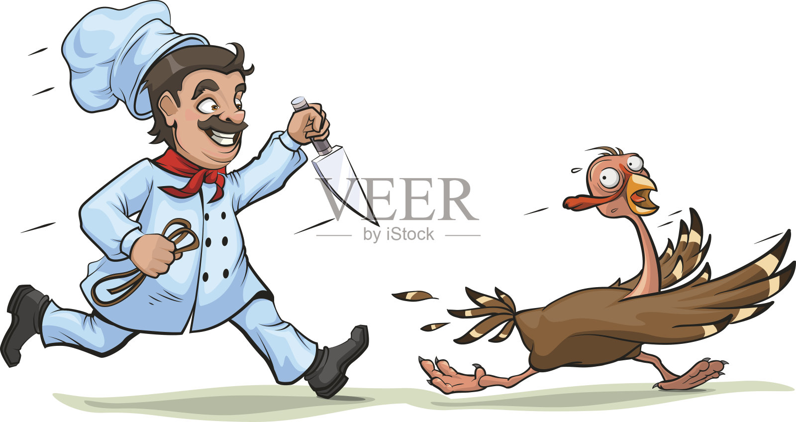 厨师用刀追赶受惊的火鸡。有趣的感恩节概念插画图片素材