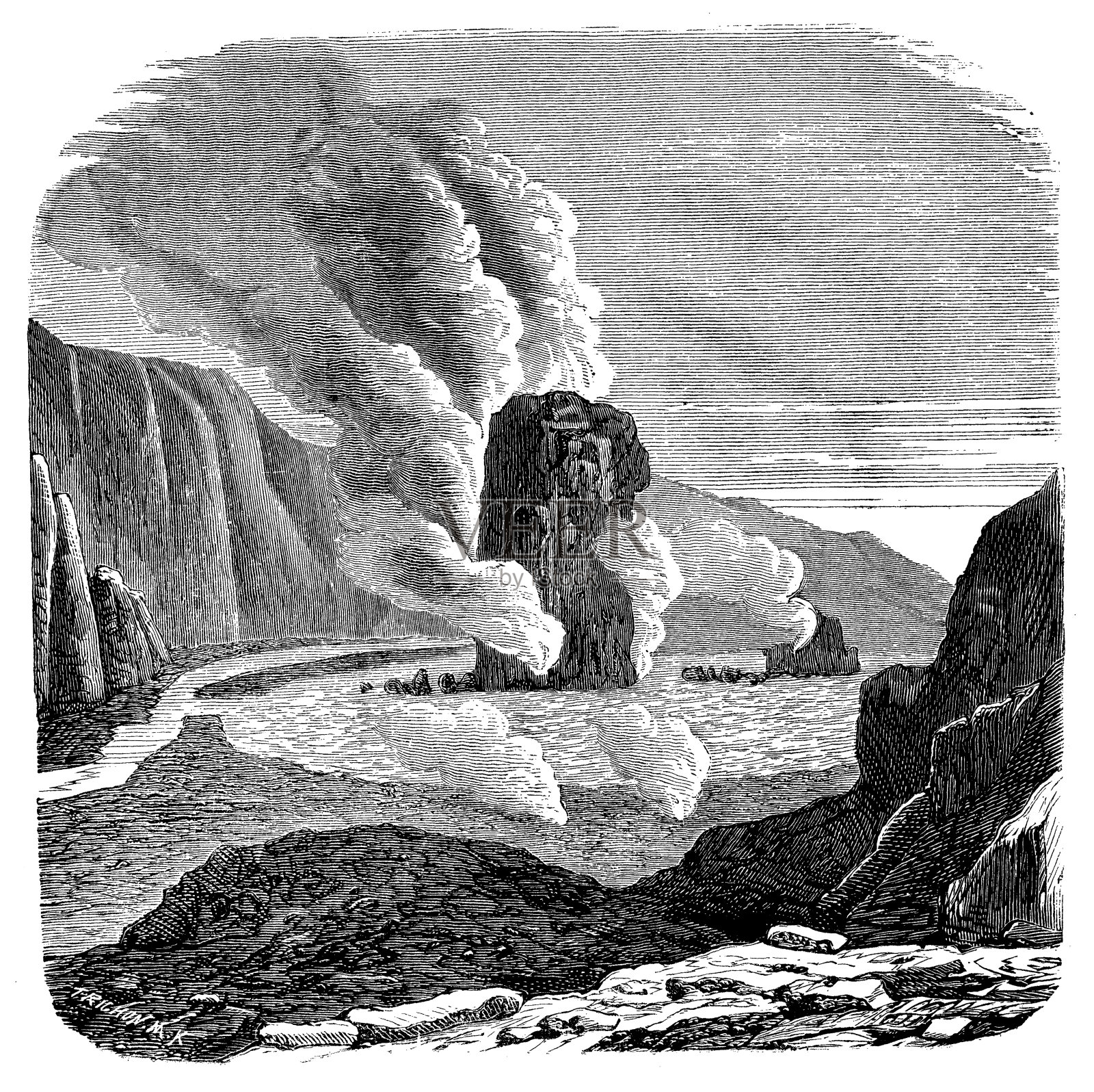 克拉夫拉破火山口的古董插图插画图片素材