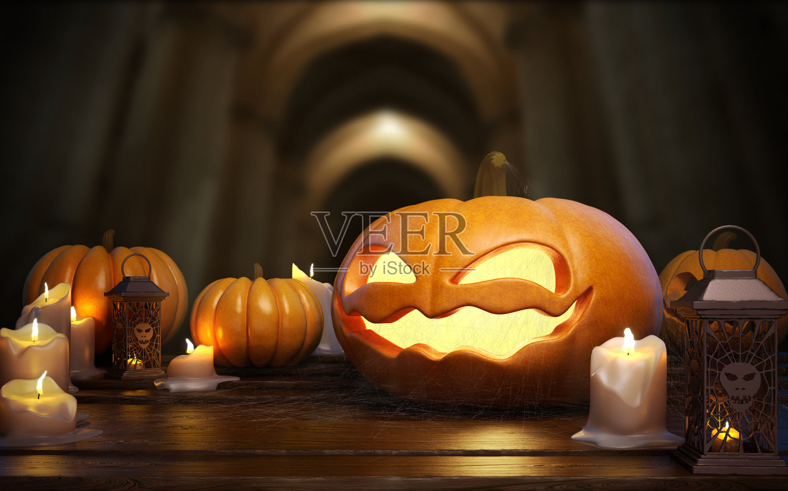万圣节南瓜灯的3d模型在木制的桌子上照片摄影图片