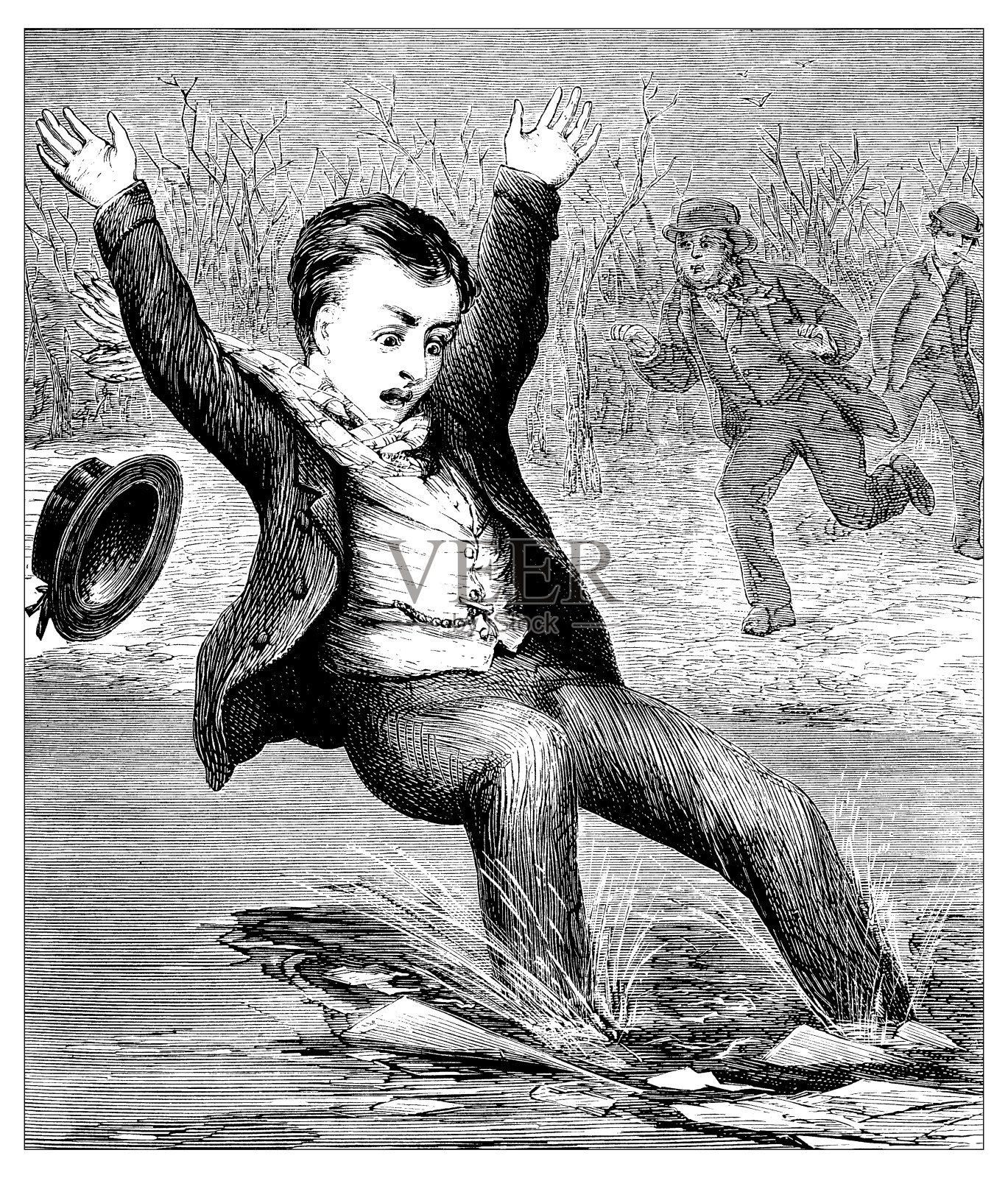 一个男孩掉进冰冷的水里的古董插图插画图片素材
