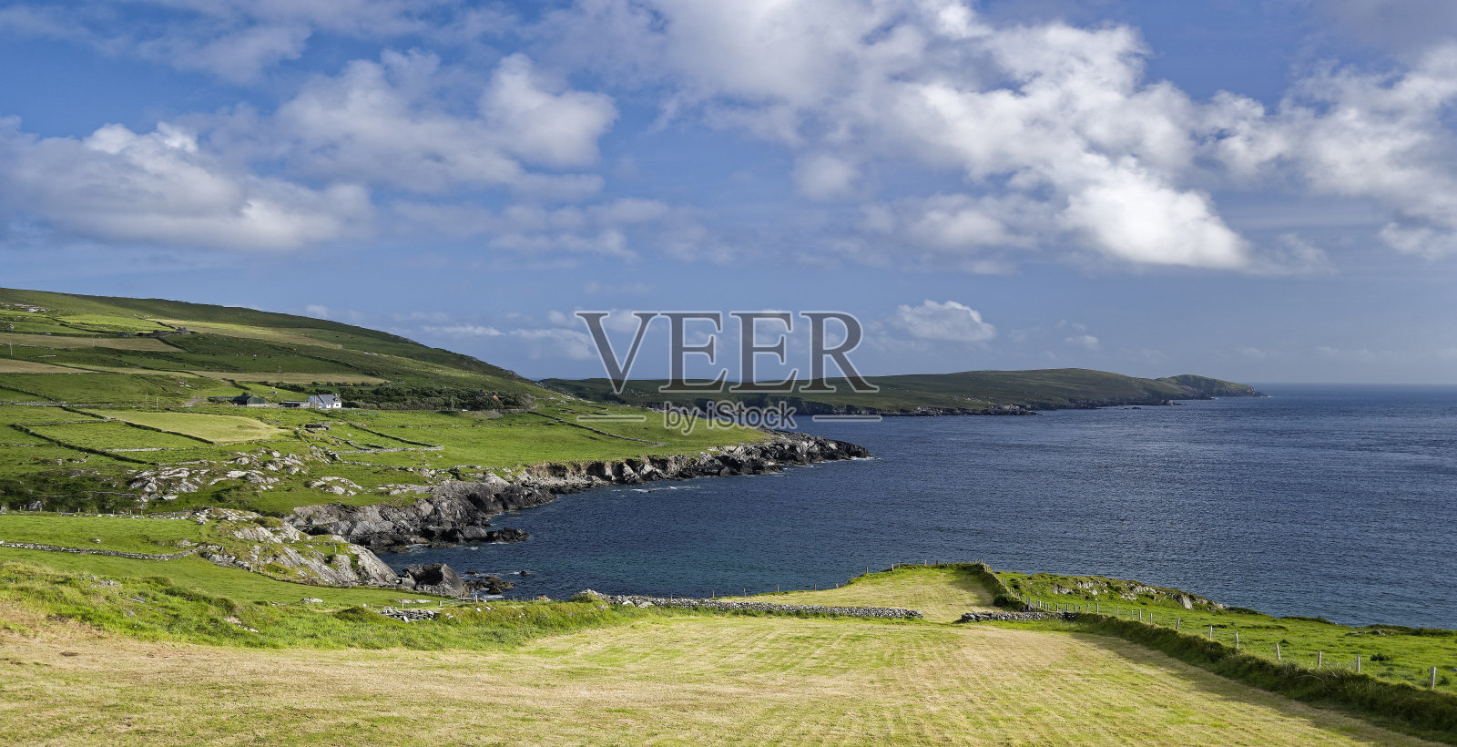 爱尔兰西海岸有石墙的牧场照片摄影图片