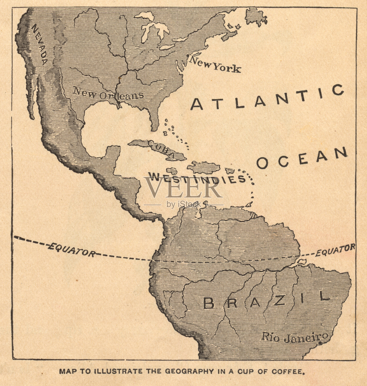 从1875年开始，在一杯咖啡中说明地理的地图插画图片素材