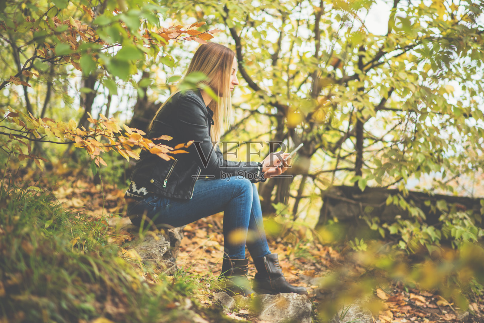 女孩在大自然中使用手机照片摄影图片