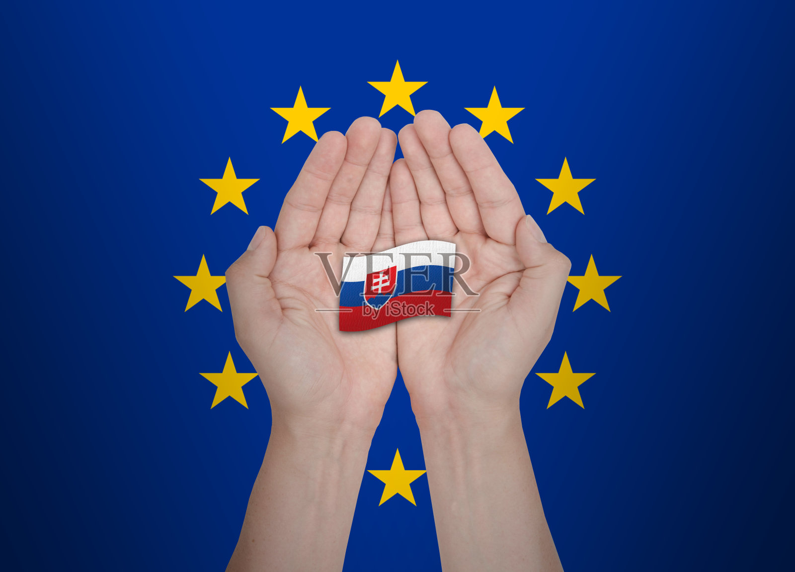 欧盟手保护欧盟成员斯Slowakia的旗帜照片摄影图片