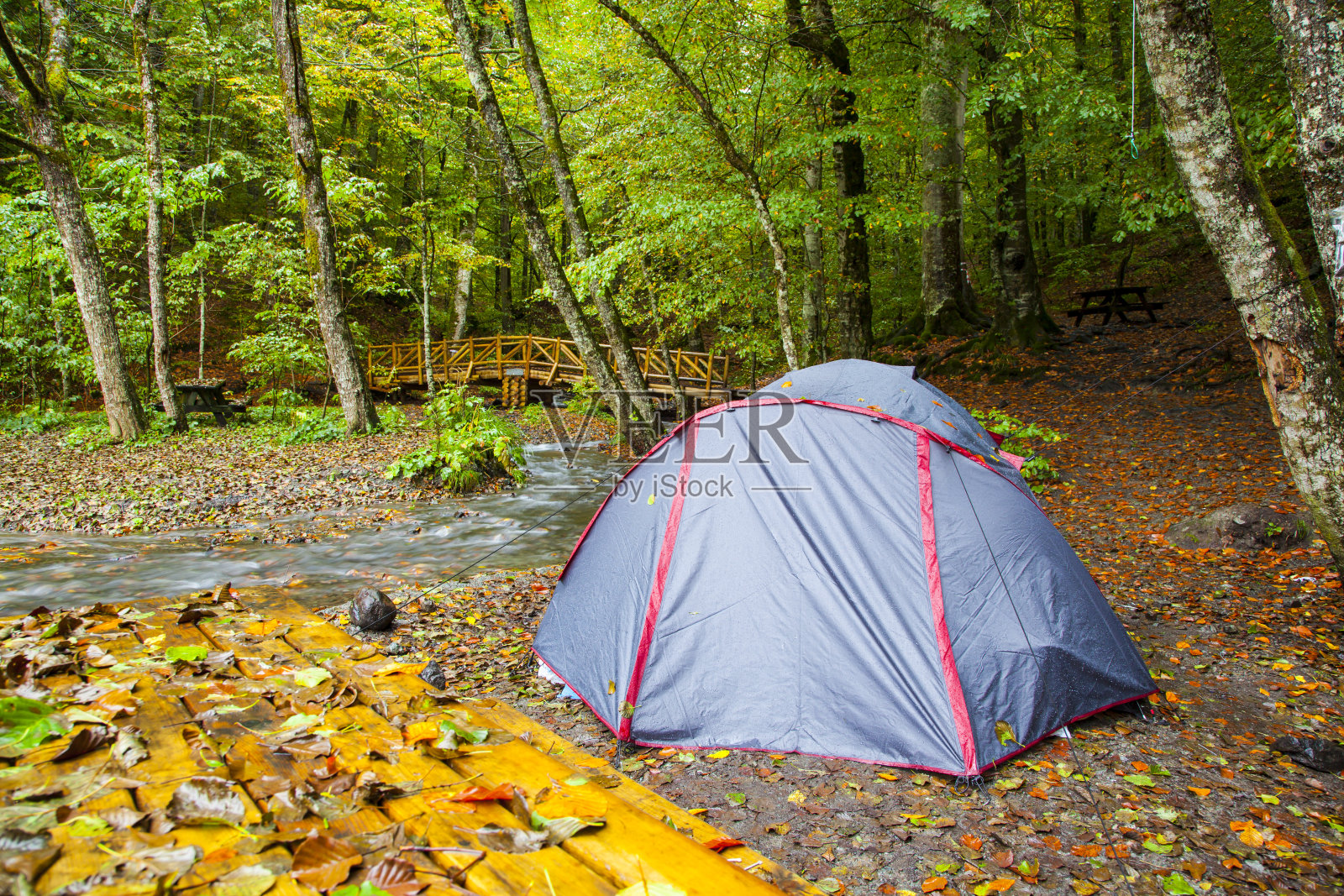 在河边搭桥露营照片摄影图片