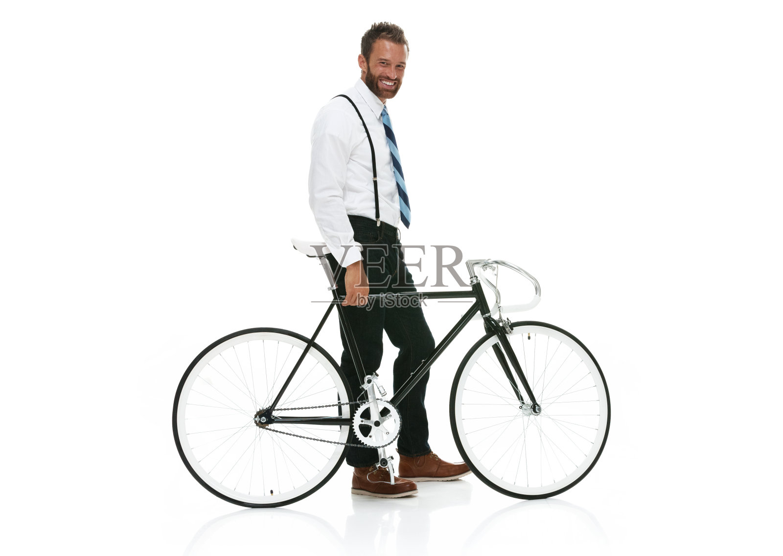 微笑的商人拿着自行车照片摄影图片