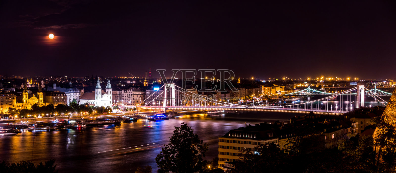 伊丽莎白桥Erzsébet híd布达佩斯夜匈牙利月亮照片摄影图片