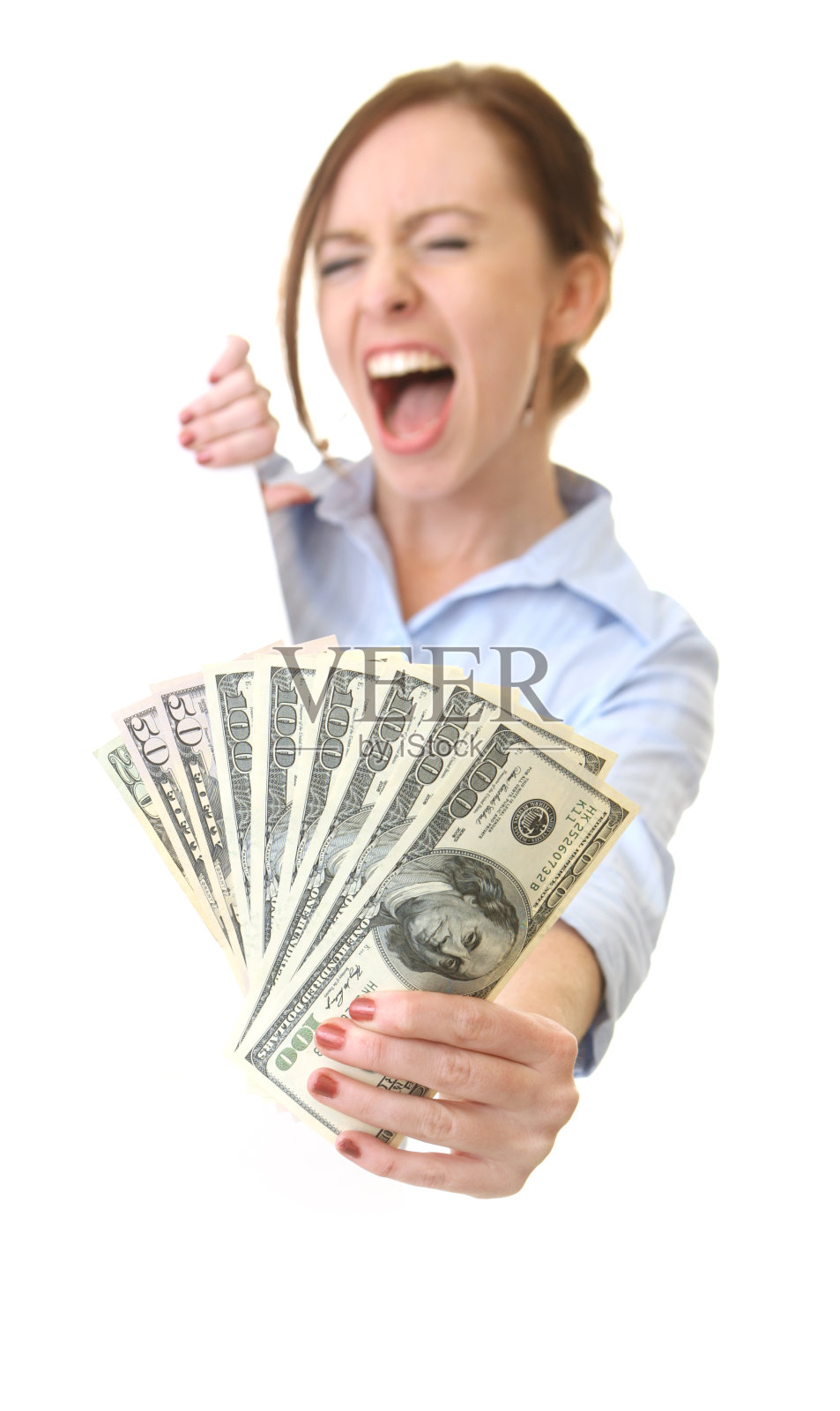 兴奋的女商人拿着钱照片摄影图片