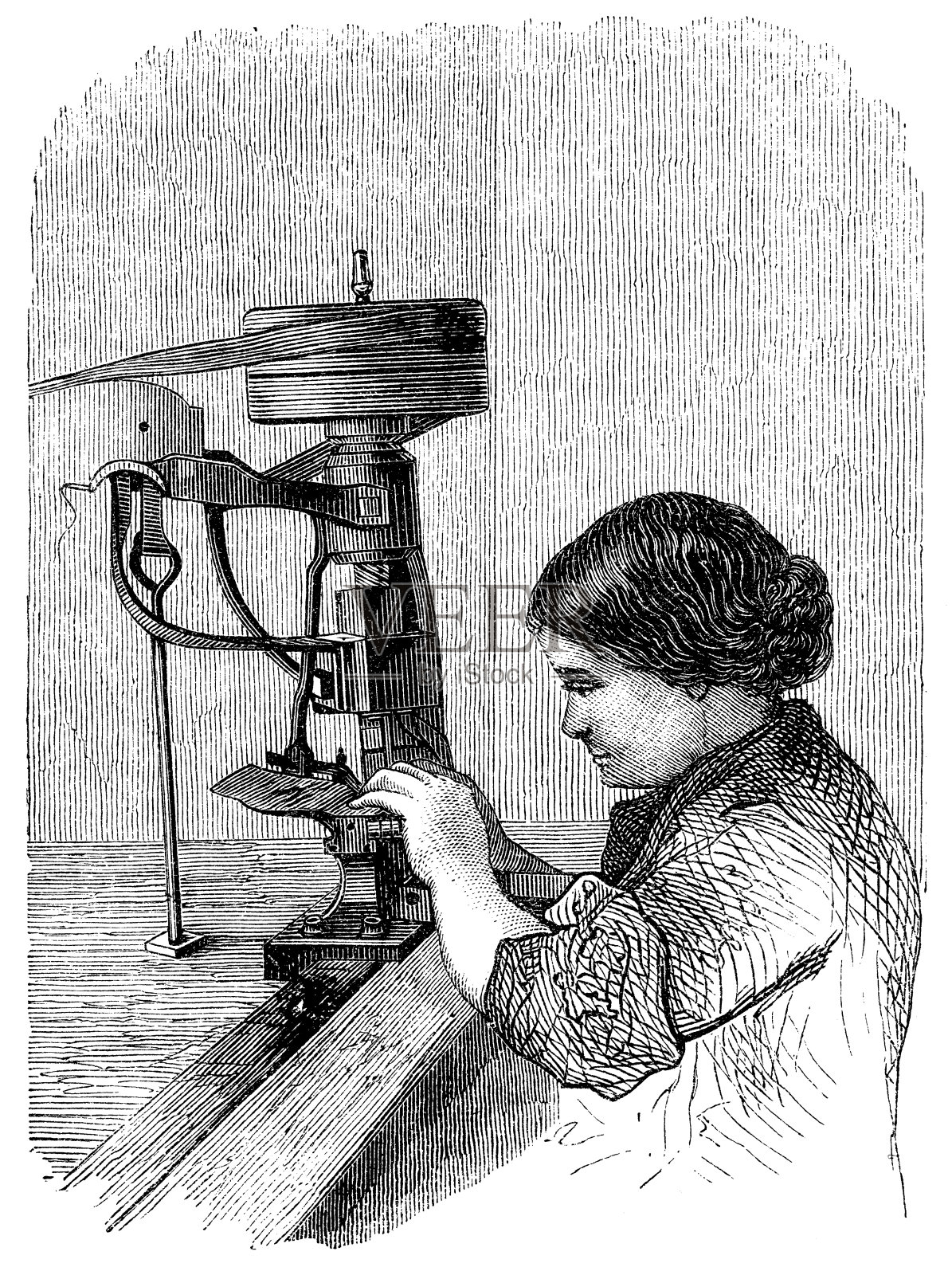 古董插图的机械工业工厂，工人和机器插画图片素材