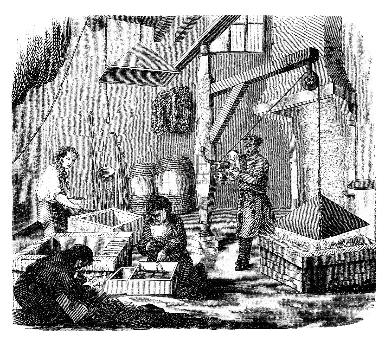 古董插图的机械工业工厂，工人和机器插画图片素材