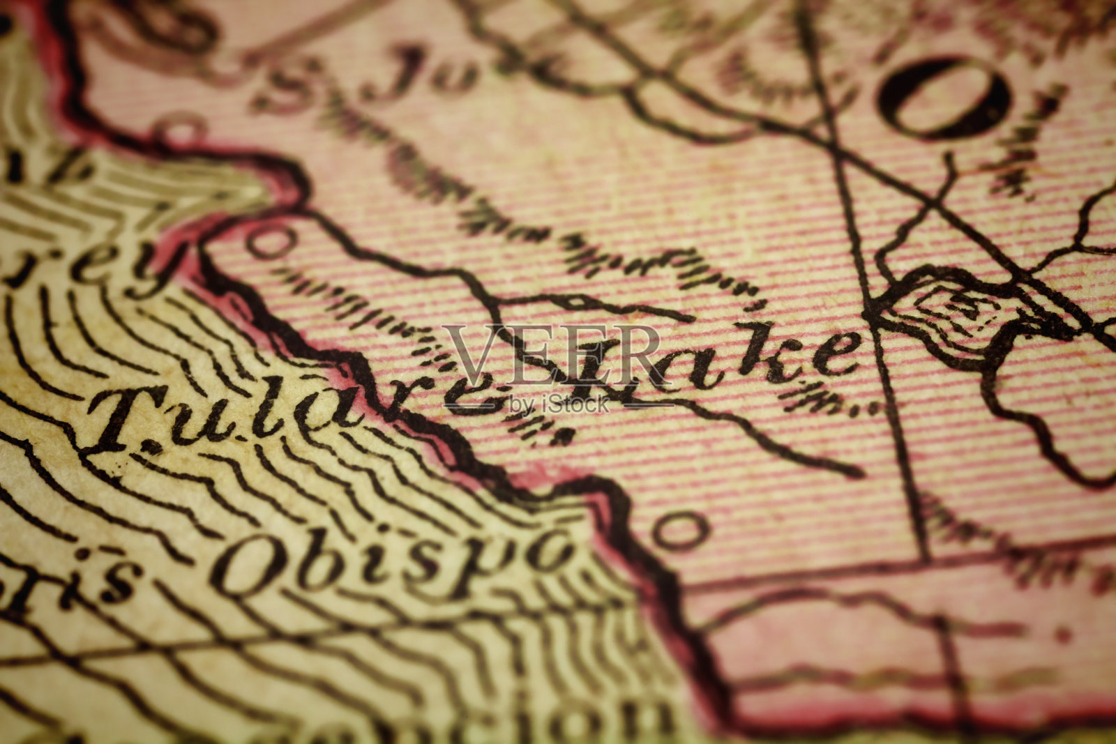 图拉雷湖，加利福尼亚的古董地图照片摄影图片