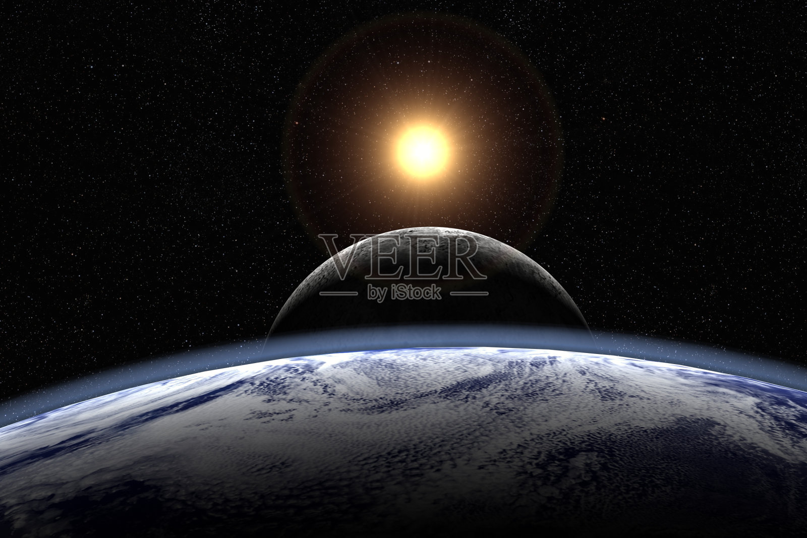 太阳、月亮和地球对齐(可见星场)照片摄影图片