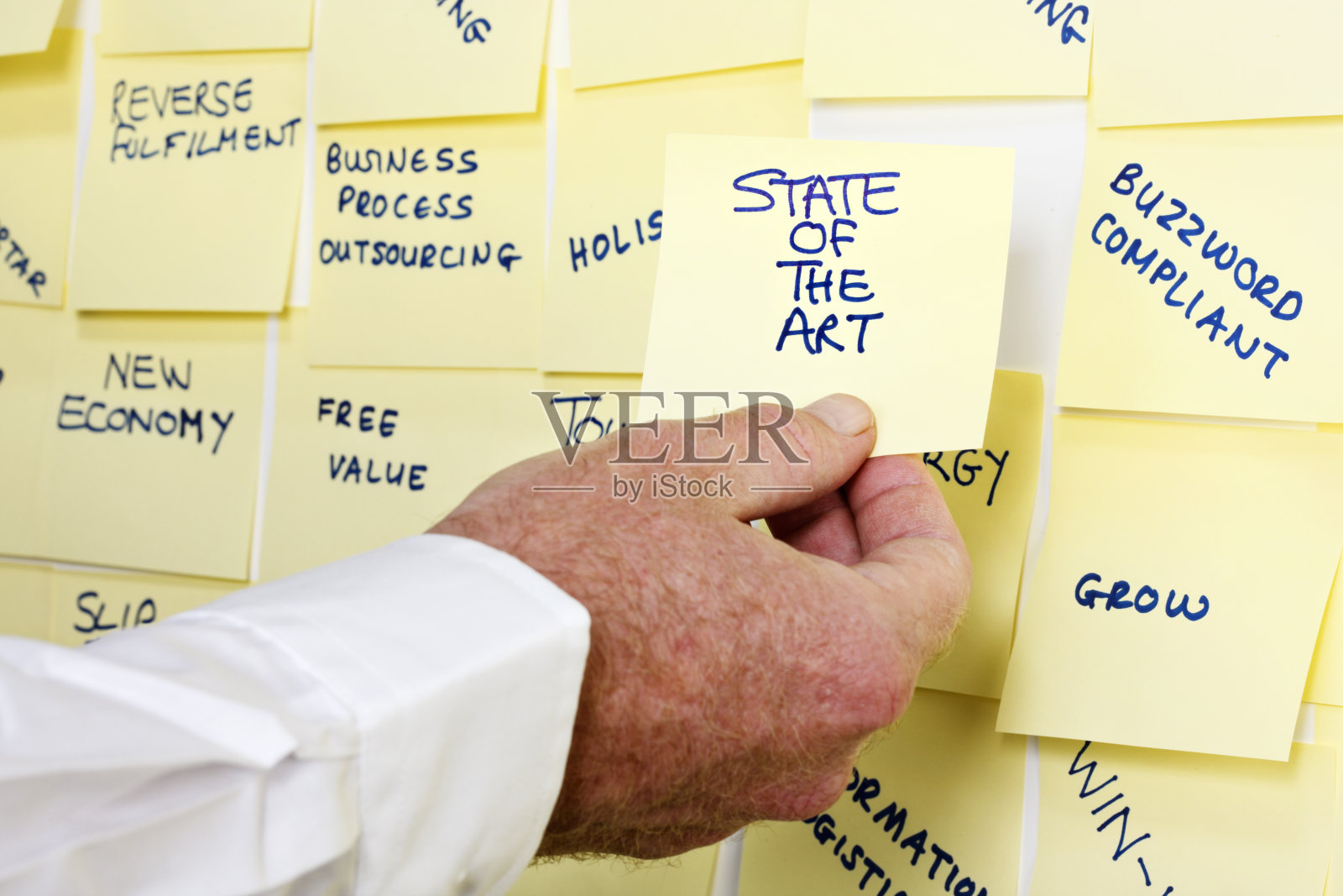 男人的手从布告栏上取下“最先进的技术”的便条照片摄影图片