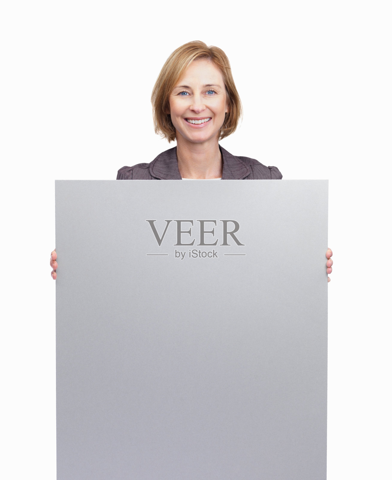 快乐的女士手持空白板孤立的白色背景照片摄影图片