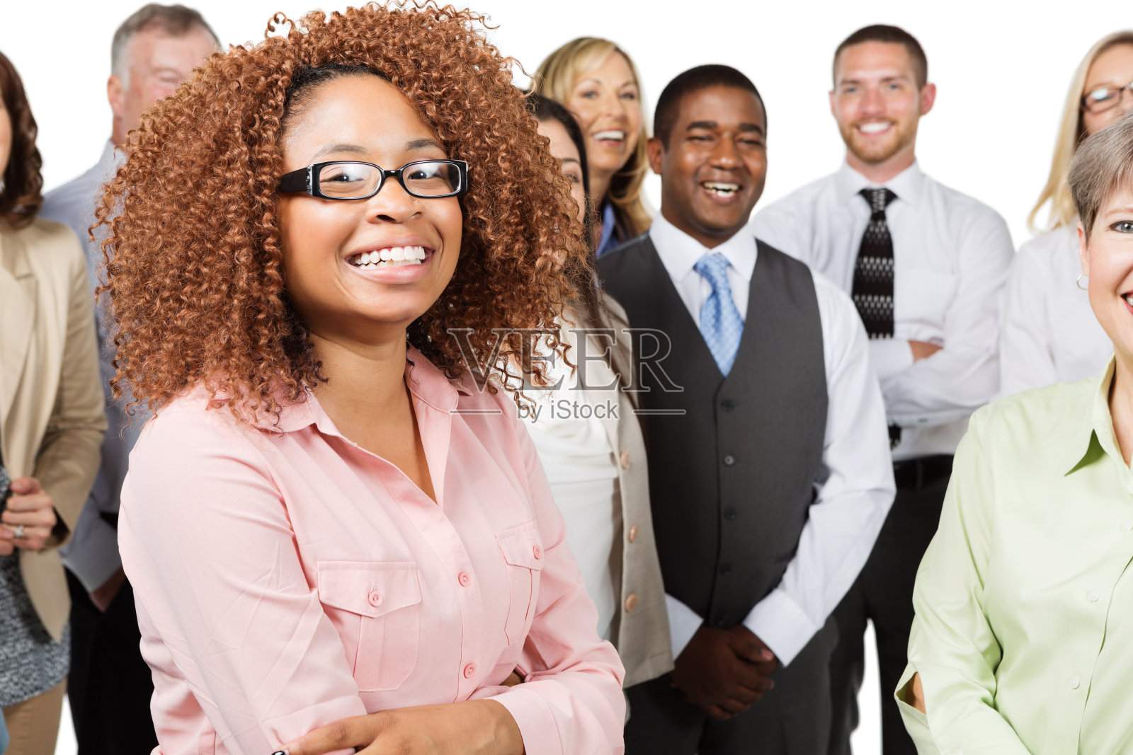 时尚的女商人与不同的群体孤立在白人背景照片摄影图片