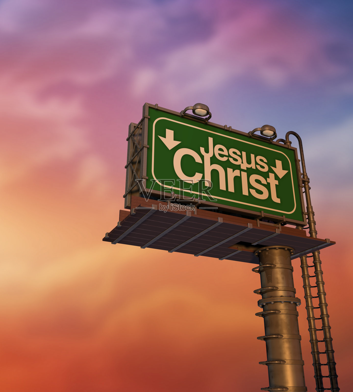 低角度的“耶稣基督”广告牌在日出照片摄影图片