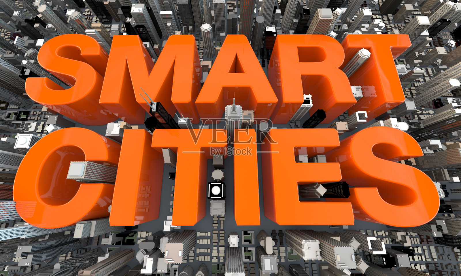 3D智慧城市摩天大楼之间的橙色字母照片摄影图片
