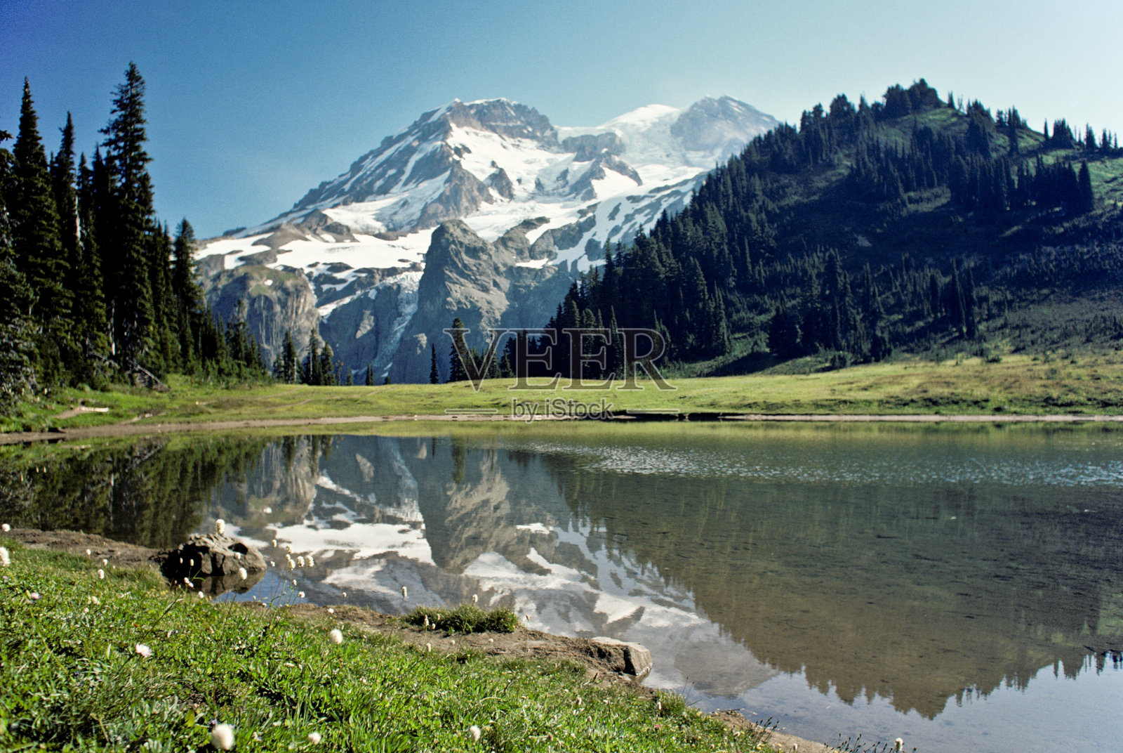 雷尼尔山倒映在高山湖上照片摄影图片