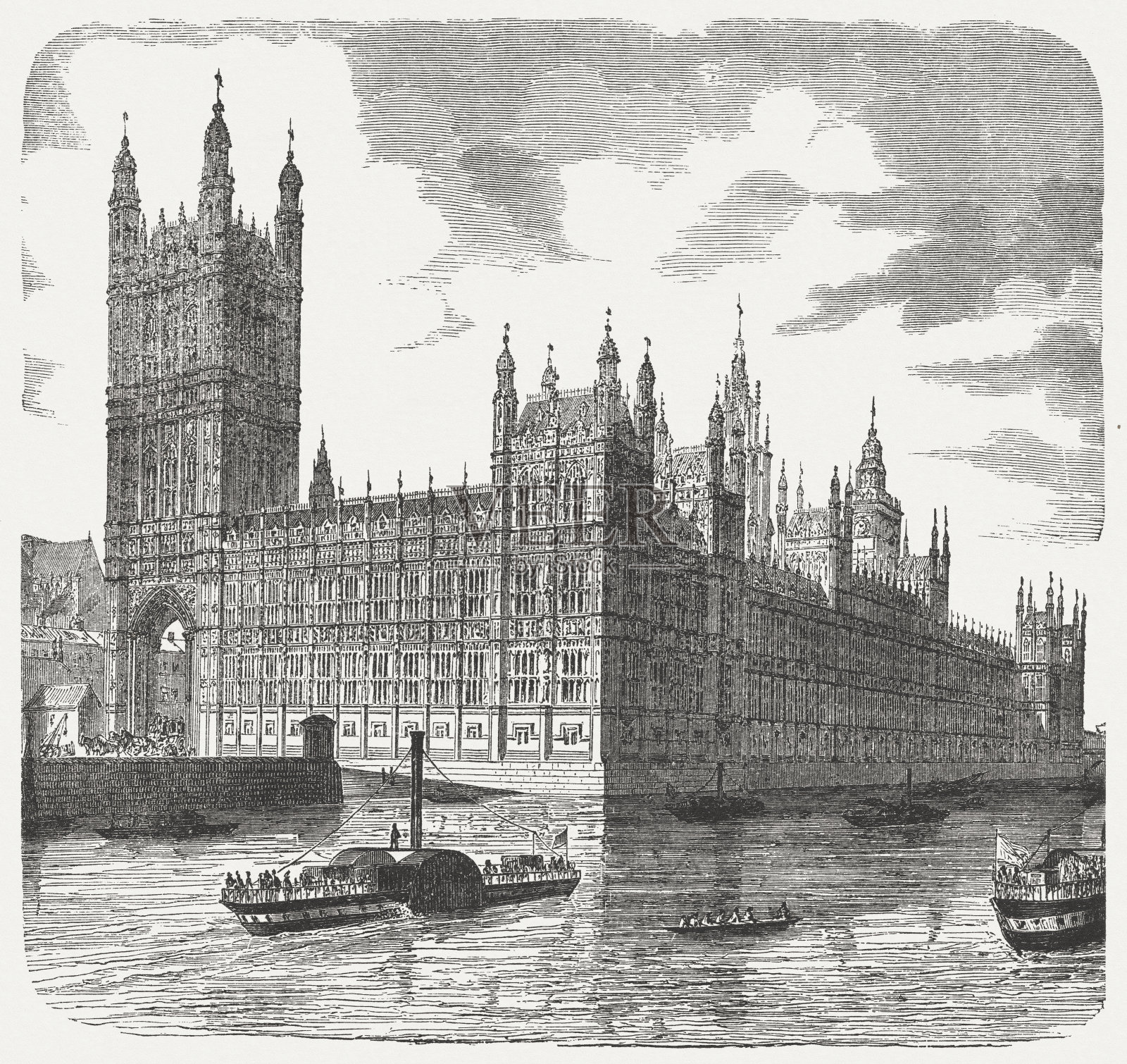 伦敦威斯敏斯特宫，木刻，1876年出版插画图片素材