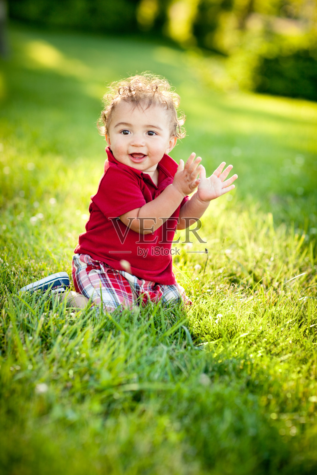 微笑的蹒跚学步的男孩坐在外面的草地在夏天的一天照片摄影图片