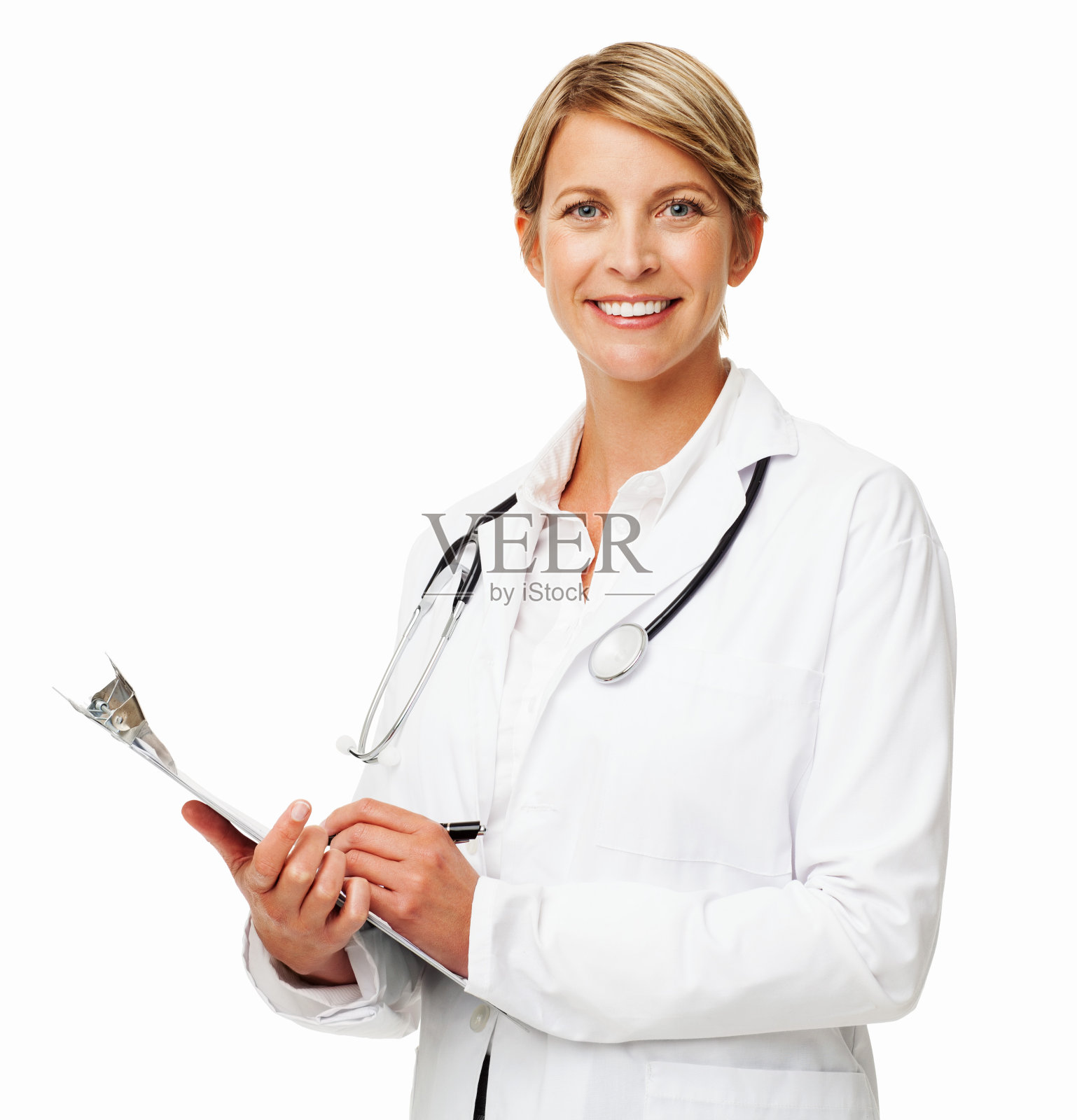 自信女医生在剪贴板上写字照片摄影图片