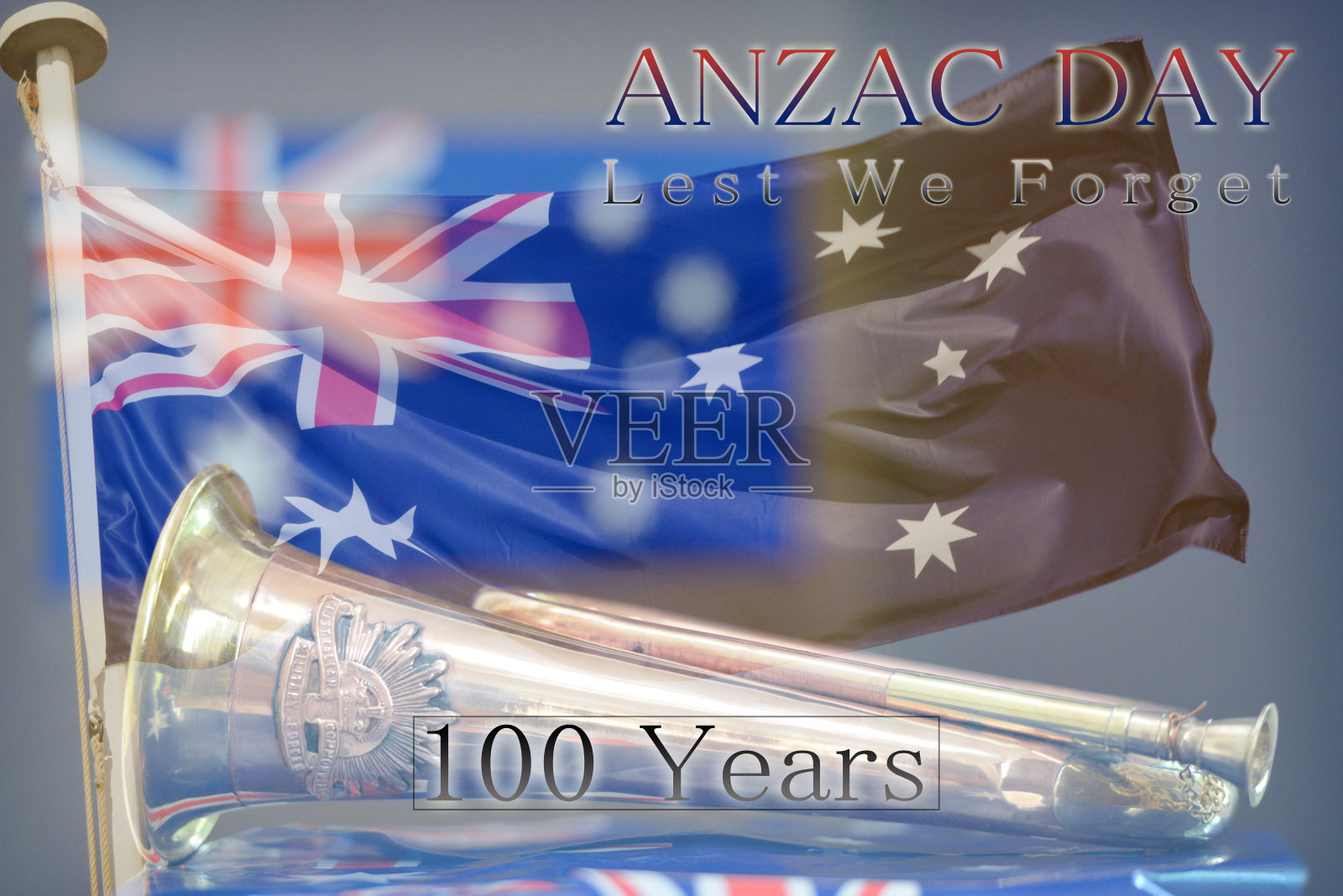 澳纽军团日100周年蒙太奇号角，澳大利亚国旗照片摄影图片