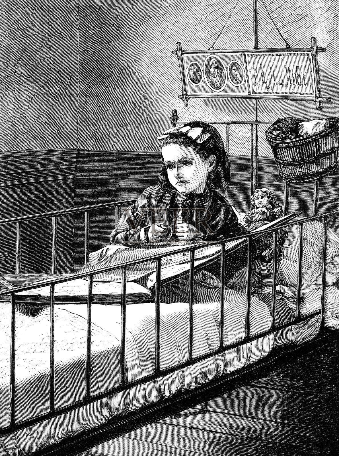 维多利亚时期卧床不起的悲伤小病人插画图片素材