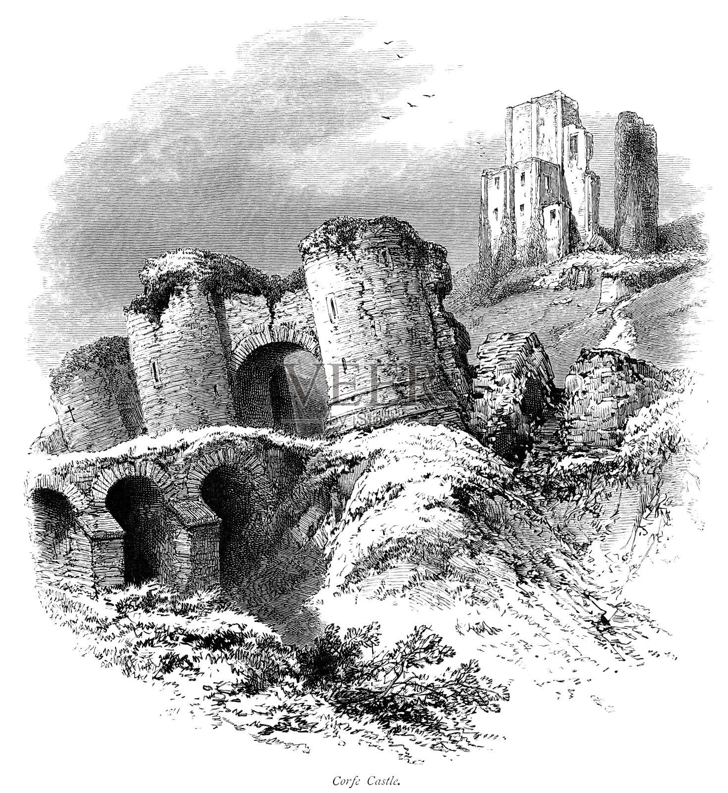 多塞特郡的考夫城堡(维多利亚时代的版画)插画图片素材