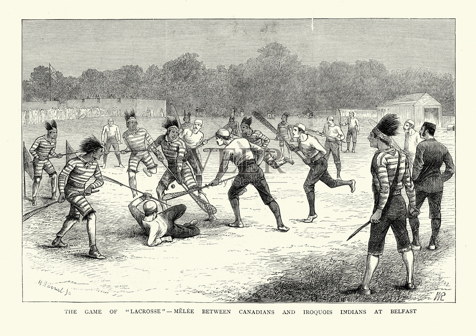 加拿大人和易洛魁人之间的长曲棍球比赛插画图片素材