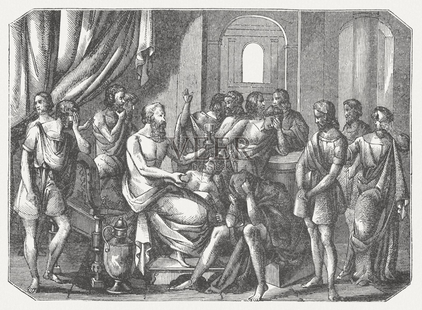 苏格拉底(公元前469-399，希腊哲学家)喝下了毒药之杯插画图片素材