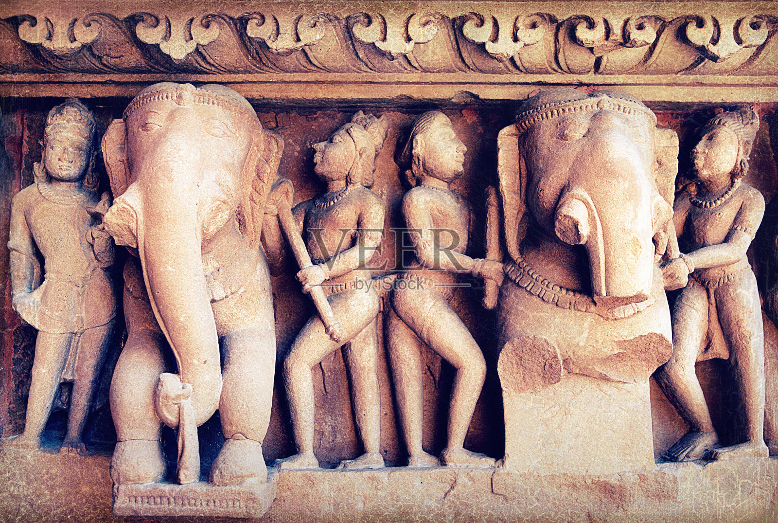 卡久拉霍雕像，复古风格照片摄影图片