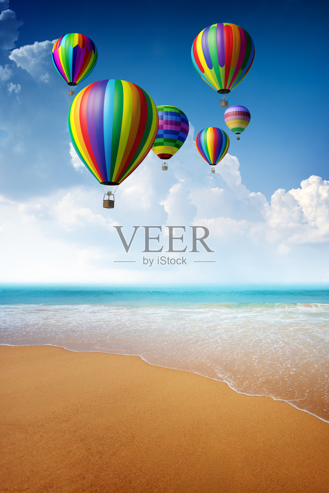 热带海滩上空的热气球照片摄影图片