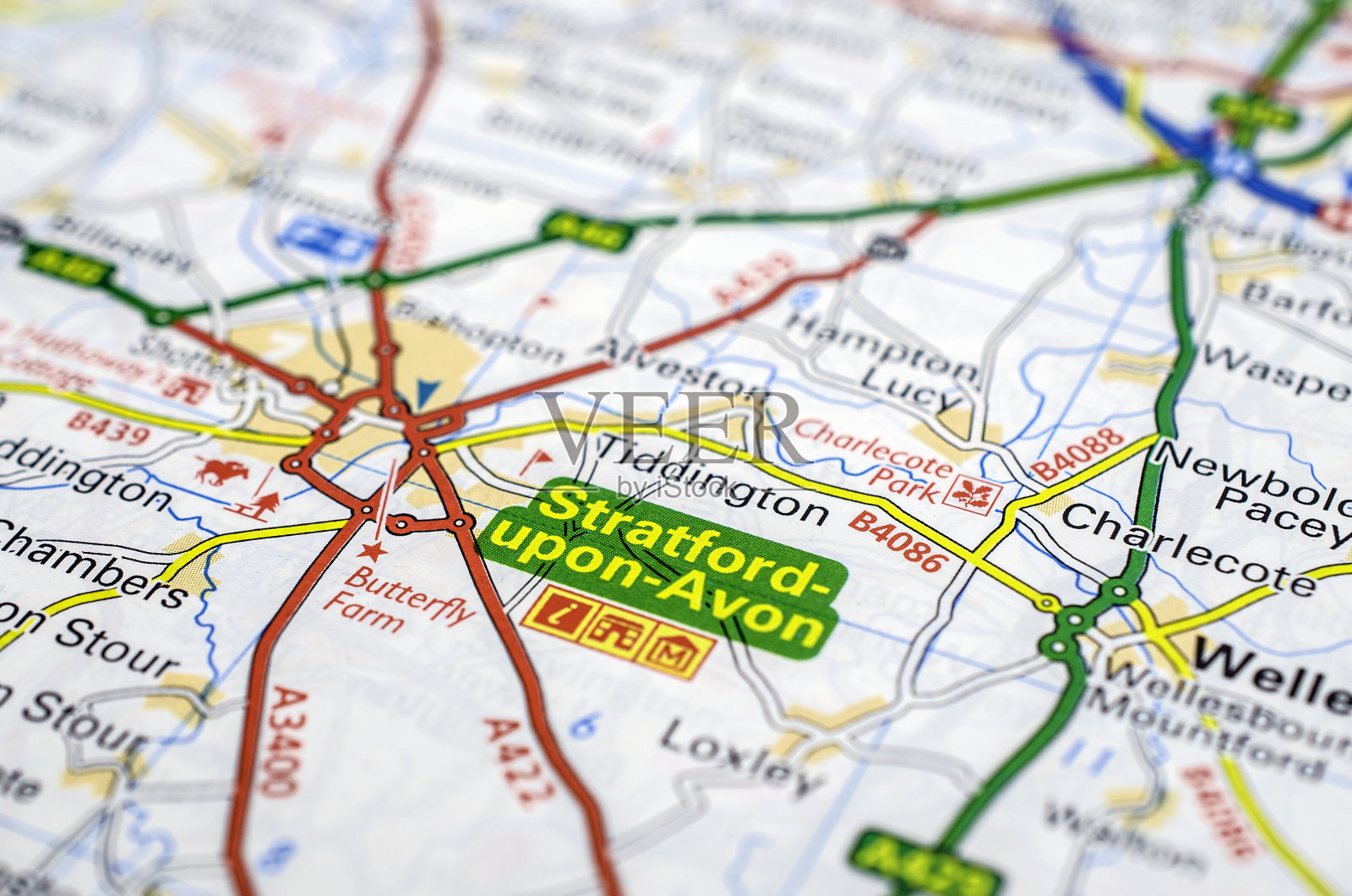 埃文河畔斯特拉特福德在地图照片摄影图片