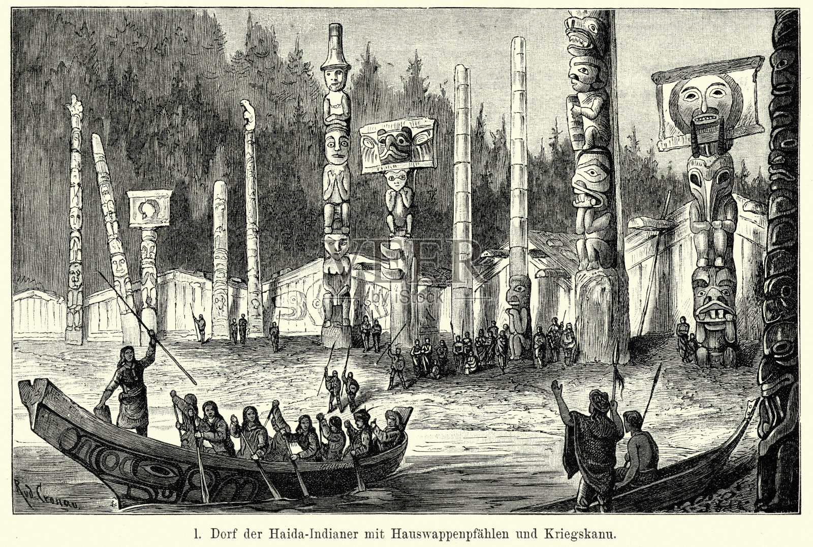 19世纪北美海达村插画图片素材