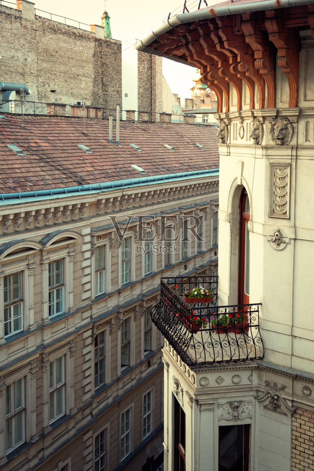 匈牙利布达佩斯的阳台和屋顶照片摄影图片