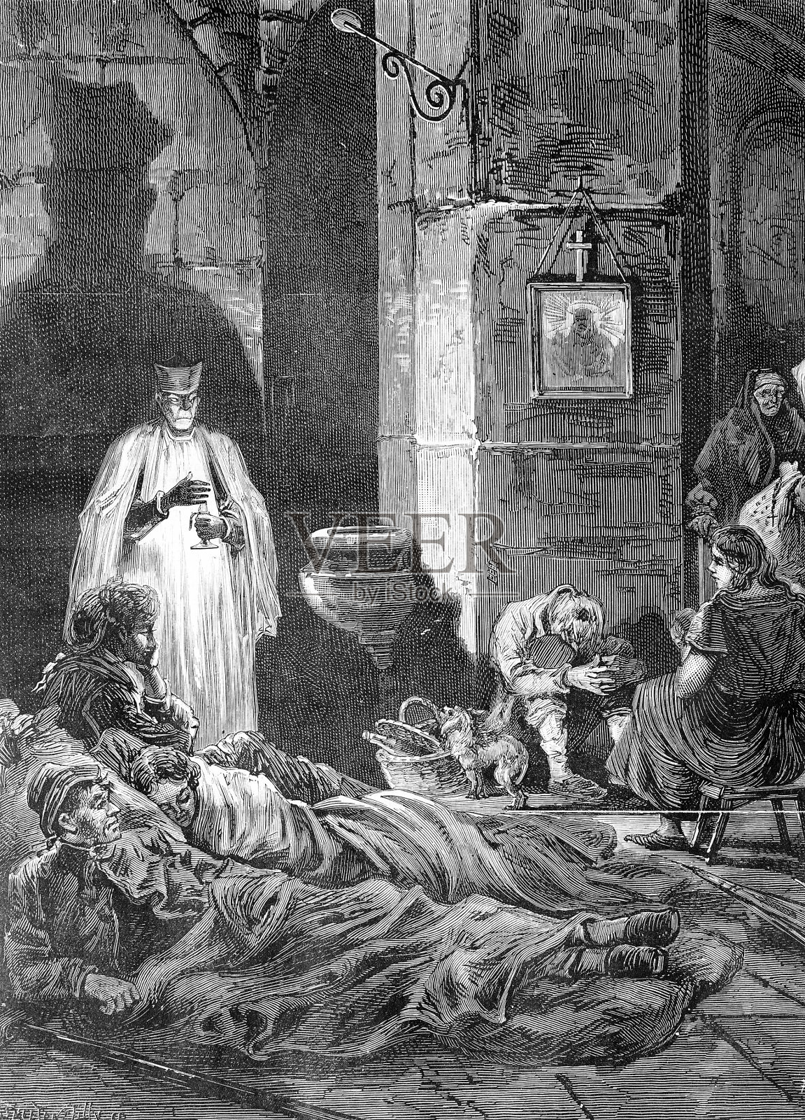 人们在教堂里保护免受轰炸插画图片素材