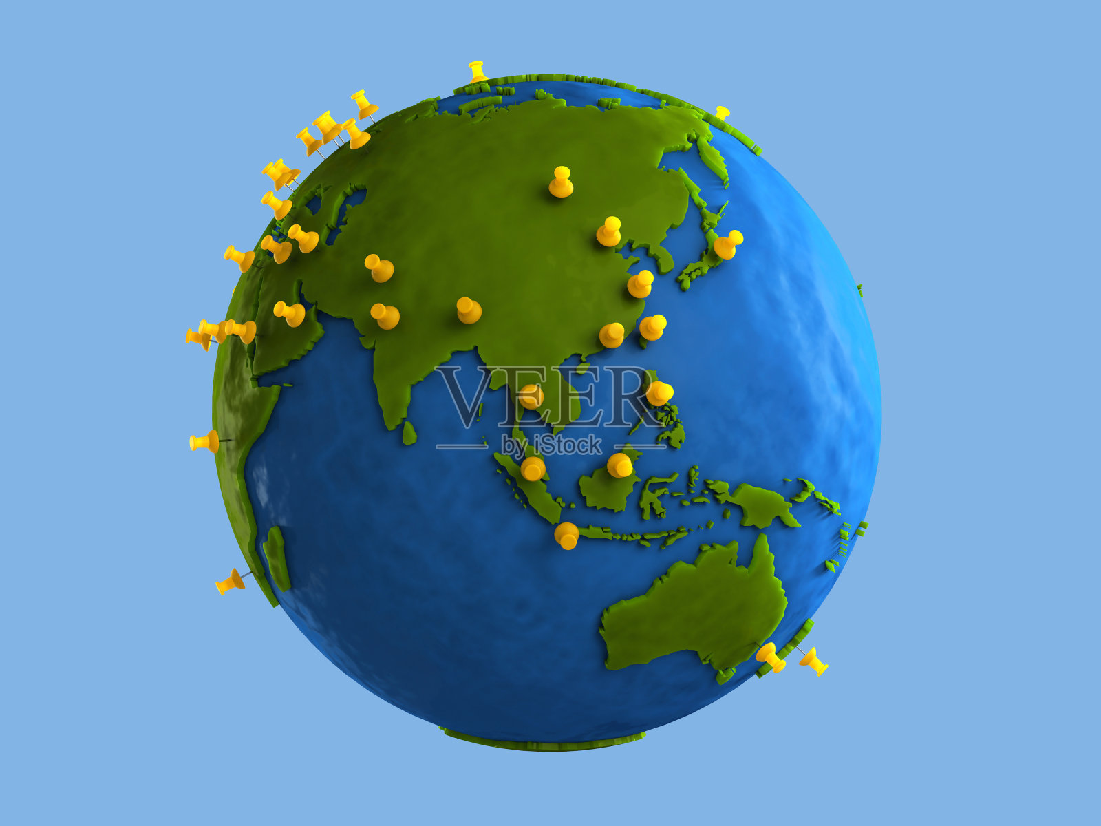 粘土球(亚洲)上的黄色图钉表示主要城市照片摄影图片