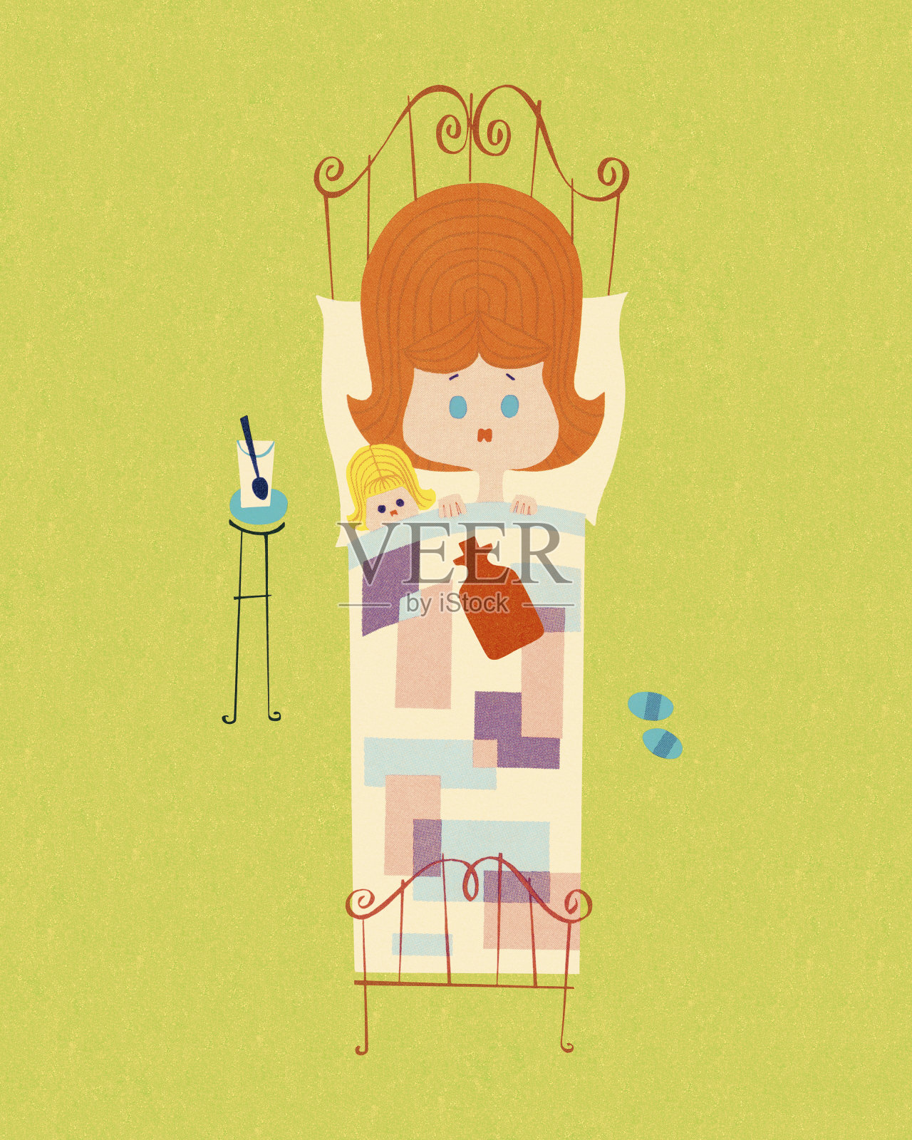 女孩和她的洋娃娃躺在床上插画图片素材