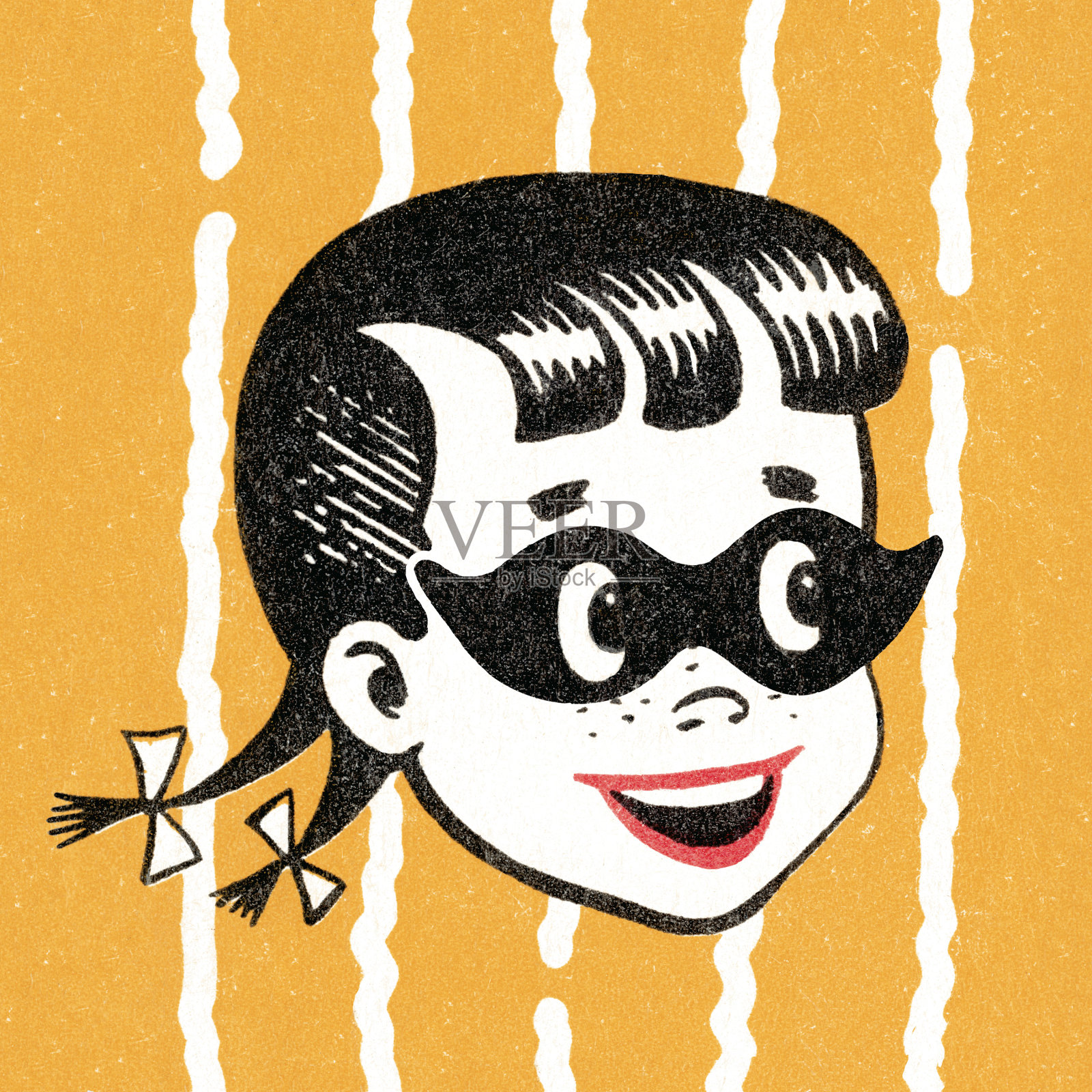 扎着辫子戴着面具的女孩插画图片素材