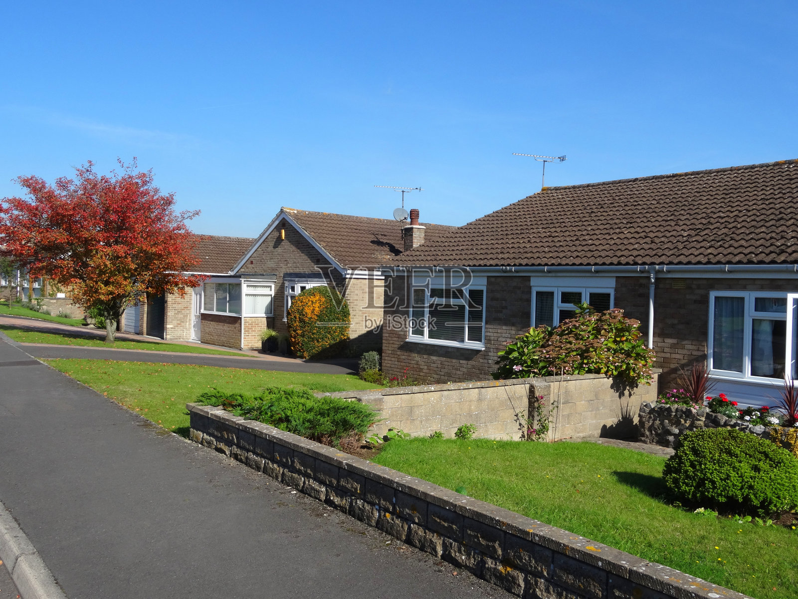 经济实惠的单层老年人住房，尽端路上的平房照片摄影图片