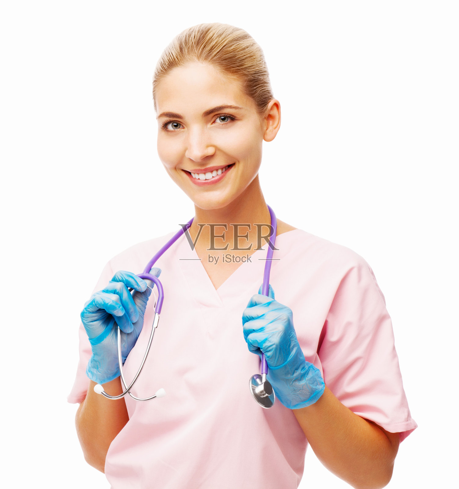 自信的护士用听诊器环绕颈部照片摄影图片