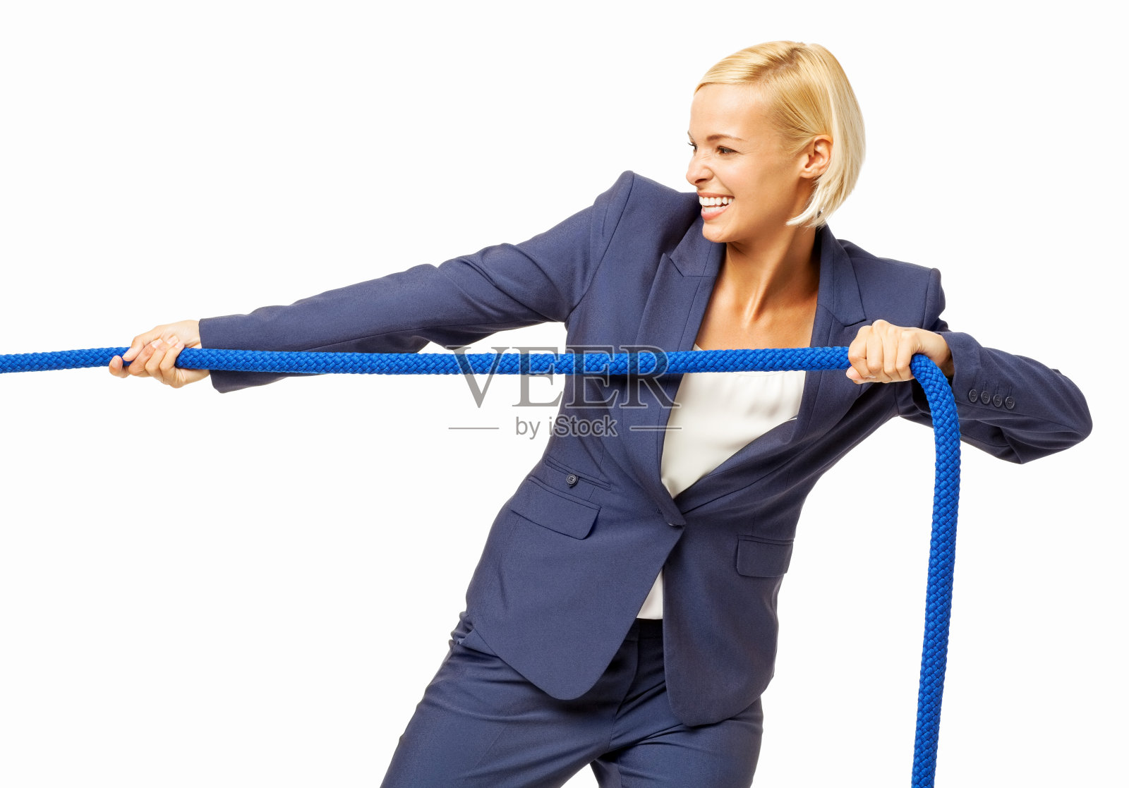 微笑的女商人拉着绳子照片摄影图片