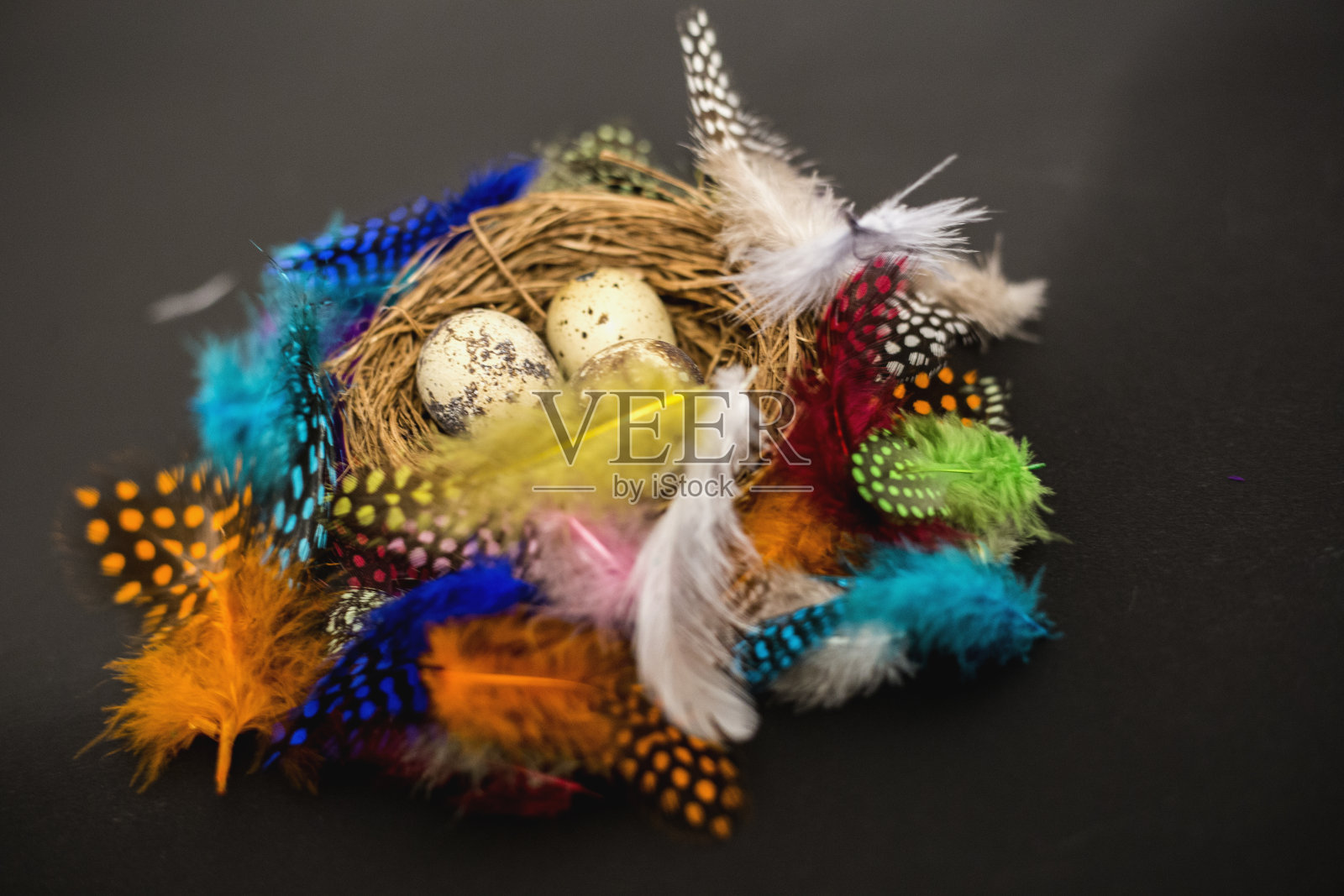 复活节巢。复活节彩蛋在巢里。复活节卡片。照片摄影图片