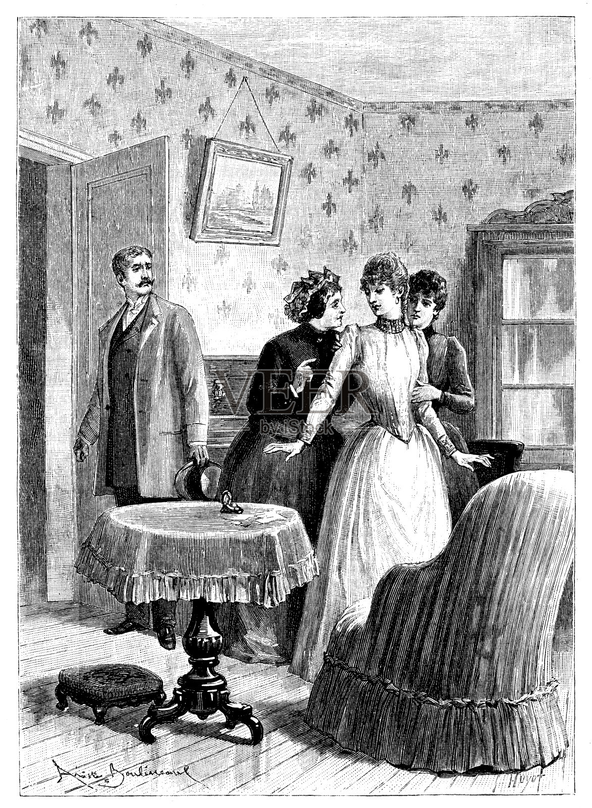 室内古色古香的人物画插画图片素材