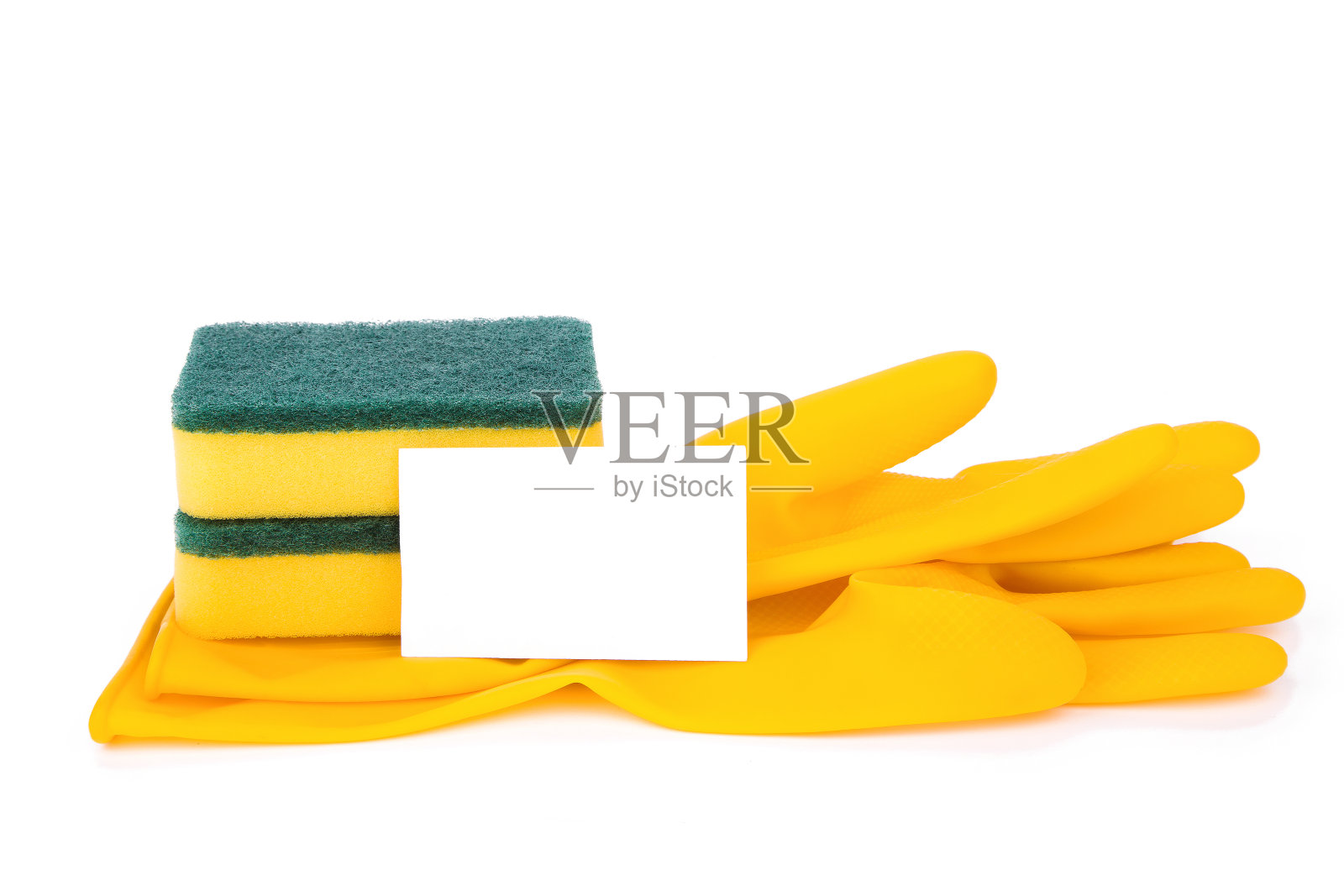 白色背景上的清洁设备和名片照片摄影图片