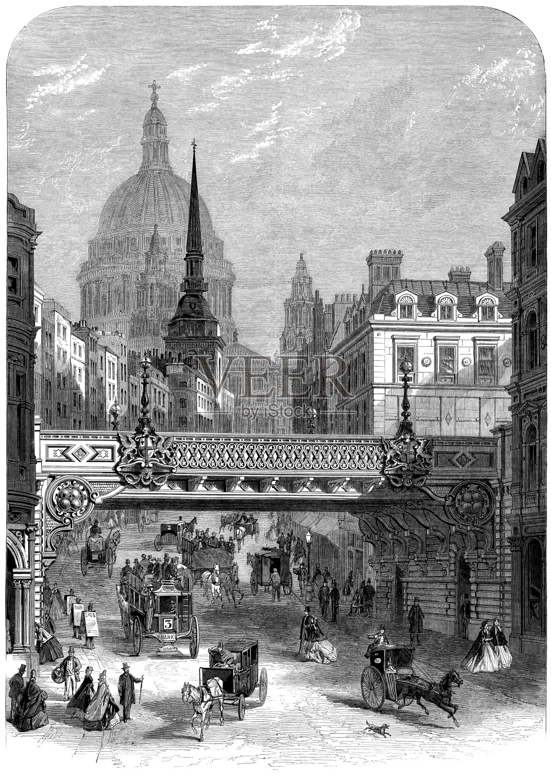 路德门山铁路桥，圣保罗大教堂，伦敦画报插画图片素材