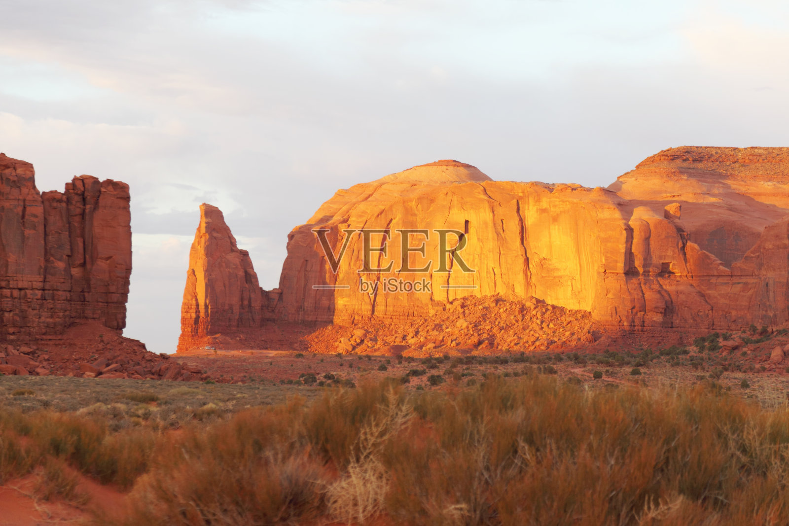 傍晚，纪念碑谷有多云的天空和岩层照片摄影图片