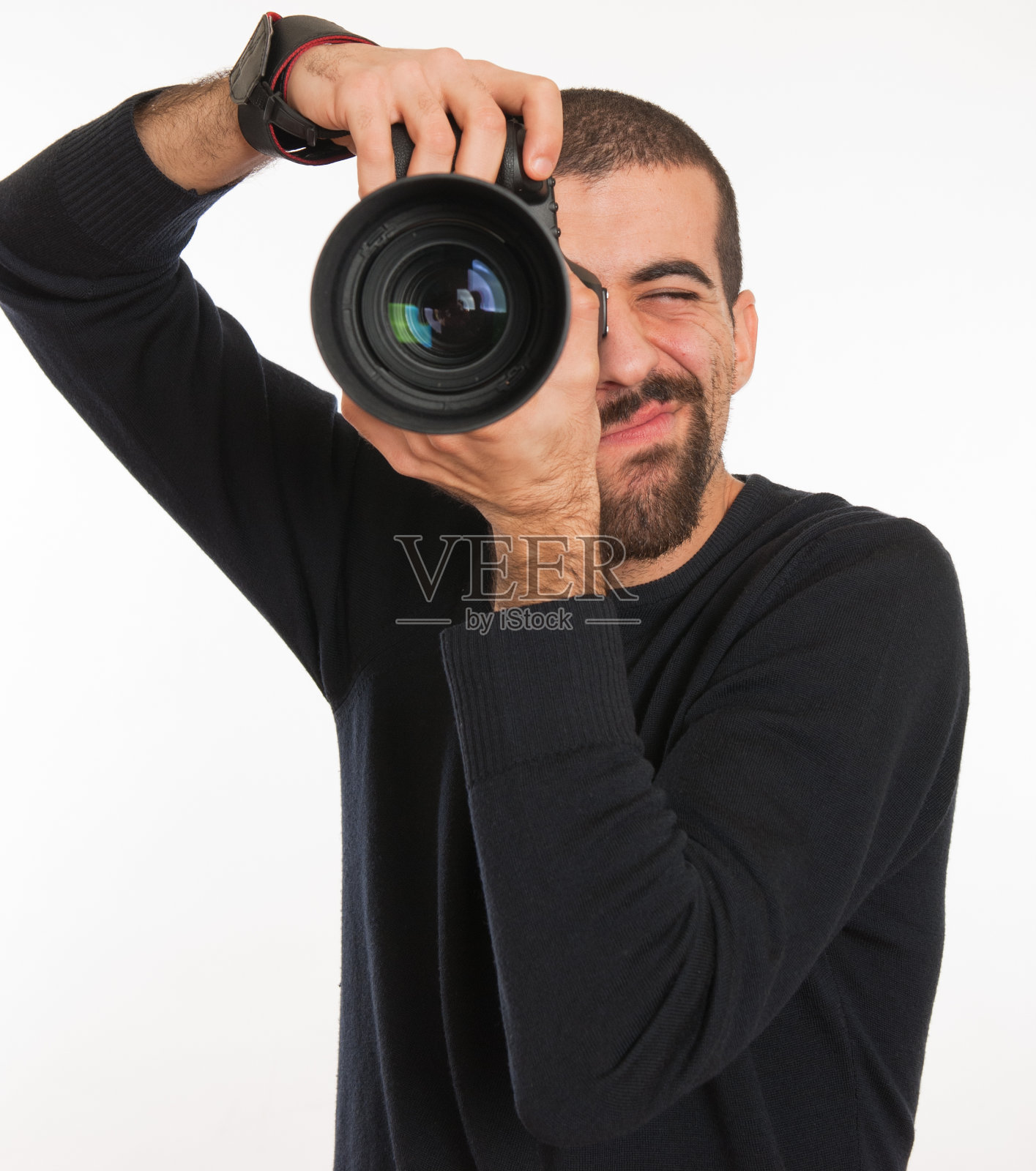 狗仔队，工作中的摄影师，被孤立在白色上照片摄影图片