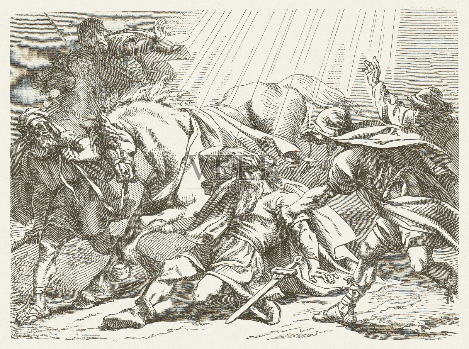 扫罗的转变（使徒行传第9章），1877年木刻版画插画图片素材